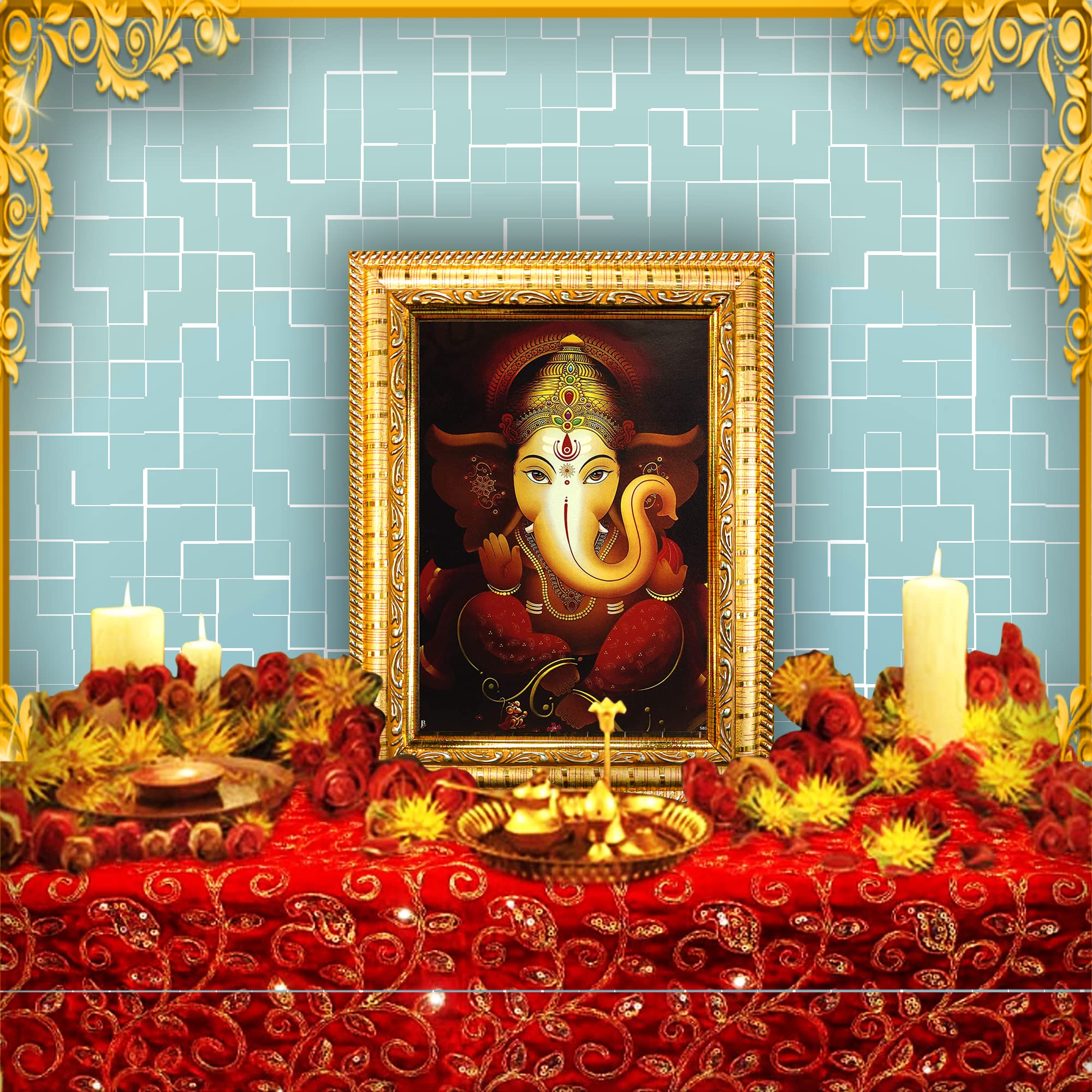 Hawai Lord Ganesh Designer Wall Hanging Engineered Wood Photo Frame for Worship Use 8.5x7inch SFDI277GLDFRM